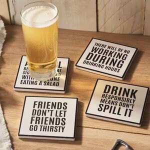 American Atelier Work Hour Happy Hour S/4 Ceramic Coasters NWT